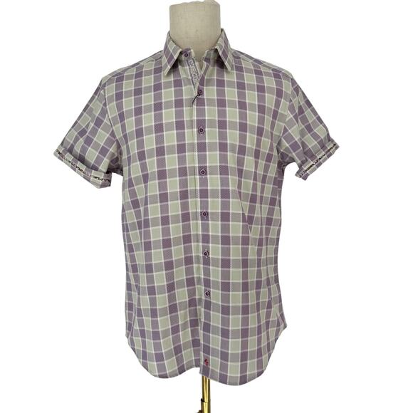 Robert Graham Button Front Short Sleeve Shirt TORAJA Purple Yellow Geometric  M - Picture 1 of 9